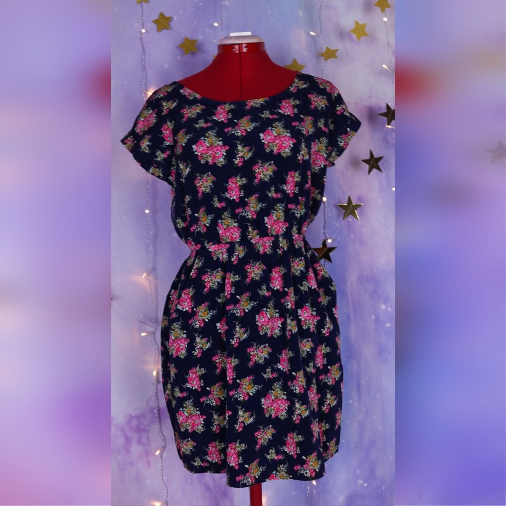 Dark Blue and pink floral dress, elastic waist